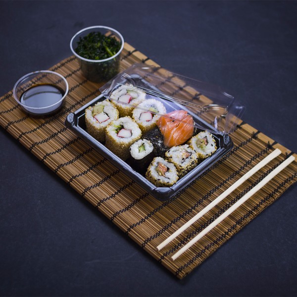 Vegware™ Compostable PLA Black Sushi Tray and Lid Combo, (7 x 5 x 1.5in)
